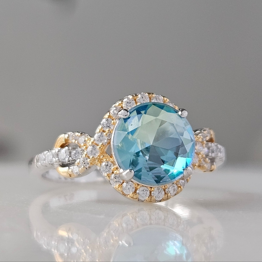 Blue & Teal Aquamarine Round Gemstone Ring, 925 Sterling Silver